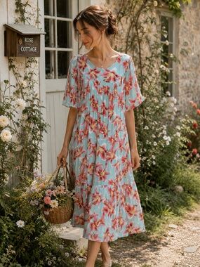 Go Softly Patio Baby Blue Pink Floral Honeysuckle Mumu Midi Dress Sz M Prairie